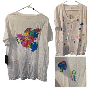 Lauren Moshi White Graphic Short Sleeve Tee with Multicolor Floral & Icons
